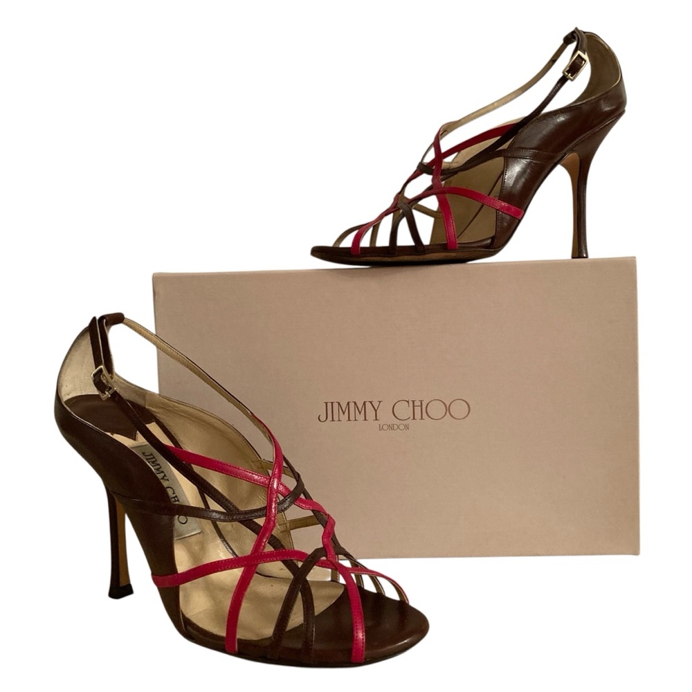 JIMMY CHOO | 'Esther' Leather Wrap Strap Stiletto Heels Brown/Berry Sz 37.5 IT